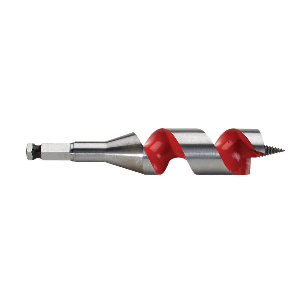 Metal ship auger bit with red spiral flutes, hex shank on left end and pointed screw tip on right end.