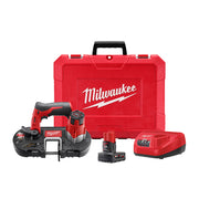 Milwaukee M12 cordless band saw kit with red carrying case, two batteries, and charger.