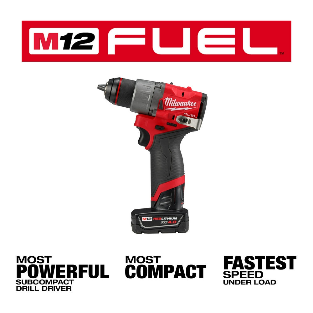 Red and black Milwaukee M12 FUEL 1/2" drill/driver with battery and M12 FUEL branding visible.
