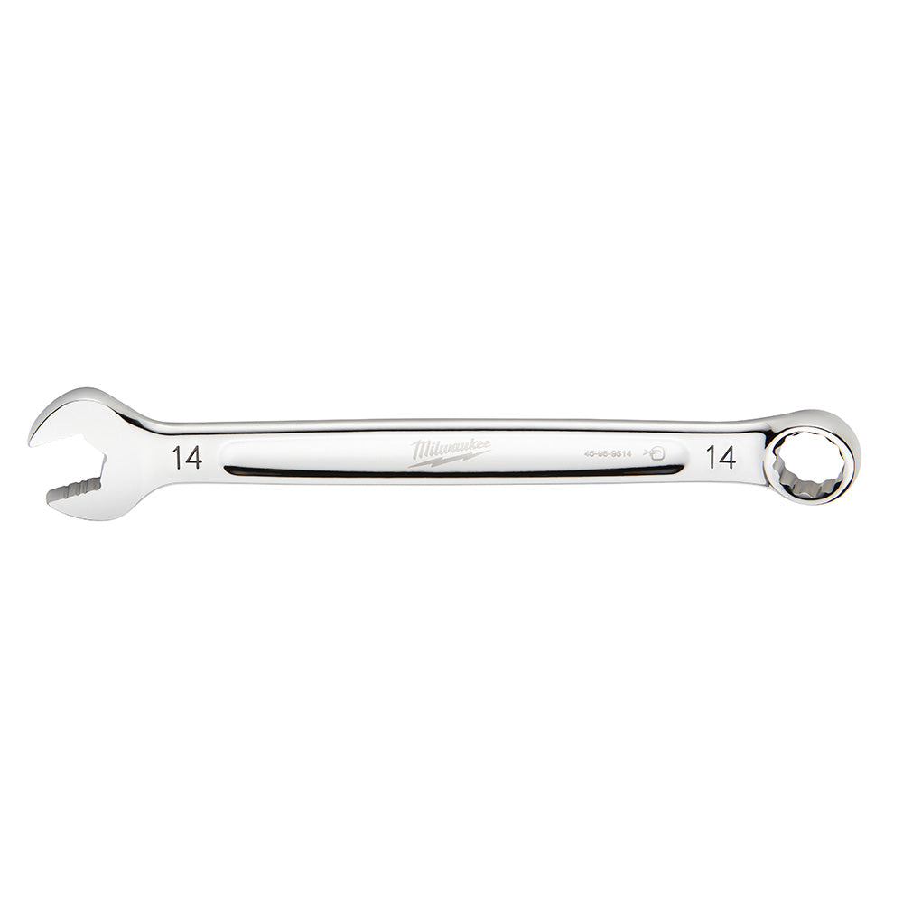 Silver 14mm combination wrench with open end on left and closed ring end on right.