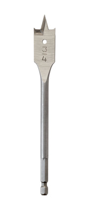 Steel flat boring bit with pointed tip, center hole, and size markings on shaft.