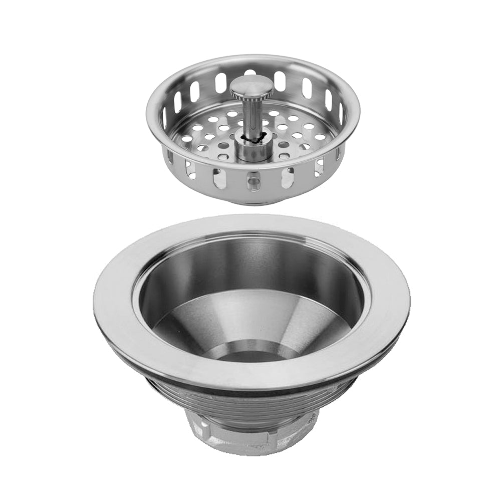Polished nickel duo strainer with removable perforated basket and center post for kitchen sink drain.