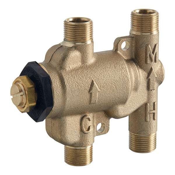 Bronze thermostatic mixing valve with two threaded inlet ports, one outlet port, and black adjustment dial on side.