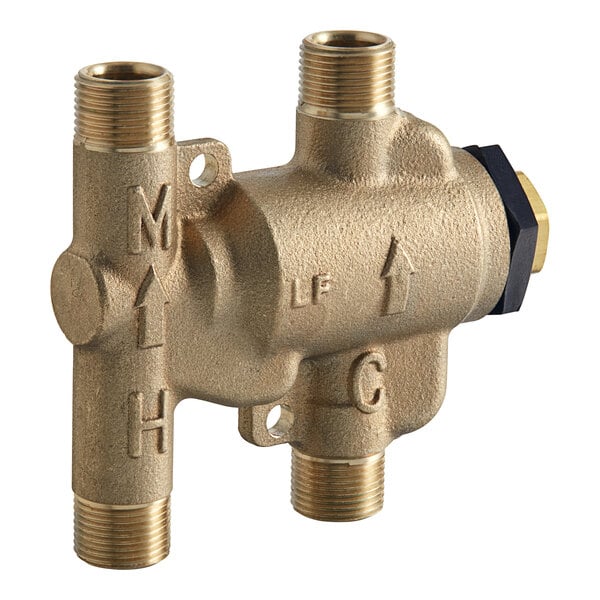 Bronze thermostatic mixing valve with three threaded ports and adjustment dial on side.
