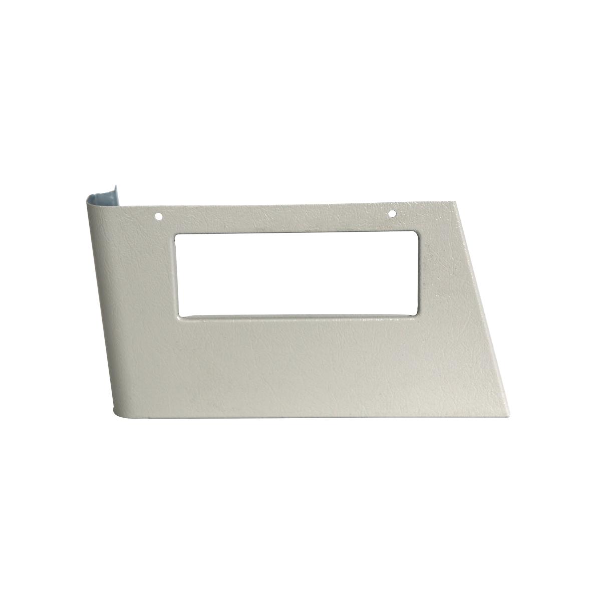 Beige angled panel with rectangular cutout and mounting holes, right side hinge bracket visible.