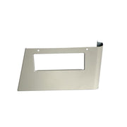 Stainless steel panel with rectangular cutout and left-side push mechanism for water fountain operation.