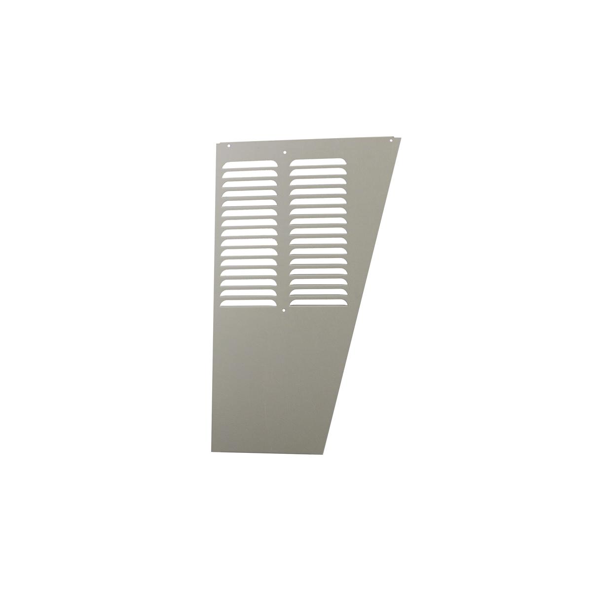 Tapered gray metal panel with two horizontal louver vents and mounting holes.