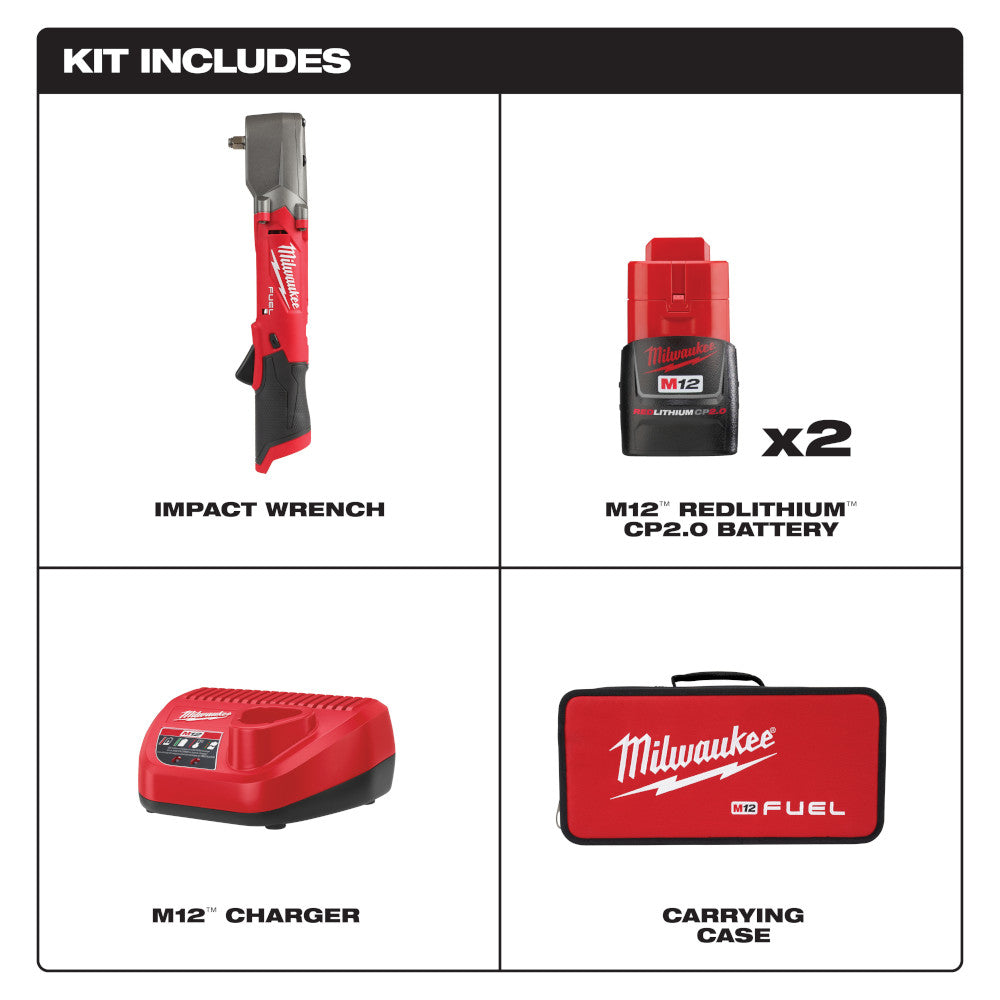 Milwaukee M12 FUEL right angle impact wrench kit with two batteries, charger, and carrying case.