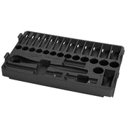 Black PACKOUT tray containing 3/8 inch metric sockets, ratchet, and accessories organized in compartments.