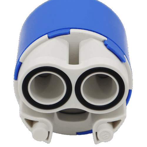 Blue and white cartridge assembly with two round outlet ports and black sealing rings.