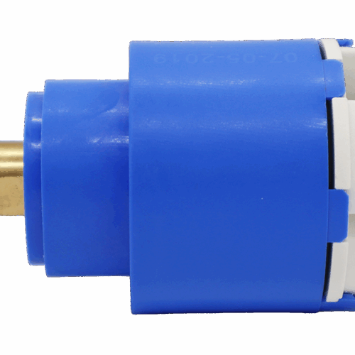 Blue cylindrical cartridge assembly with brass connection port and white end cap.