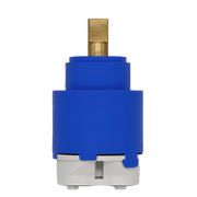 Blue and gray cartridge assembly with brass stem and top fitting for faucet valve replacement.