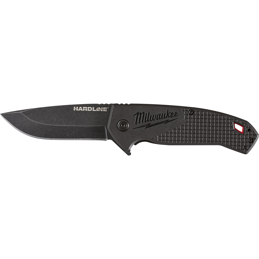 Black Milwaukee Hardline pocket knife with smooth blade, textured handle, and red accent on rear.
