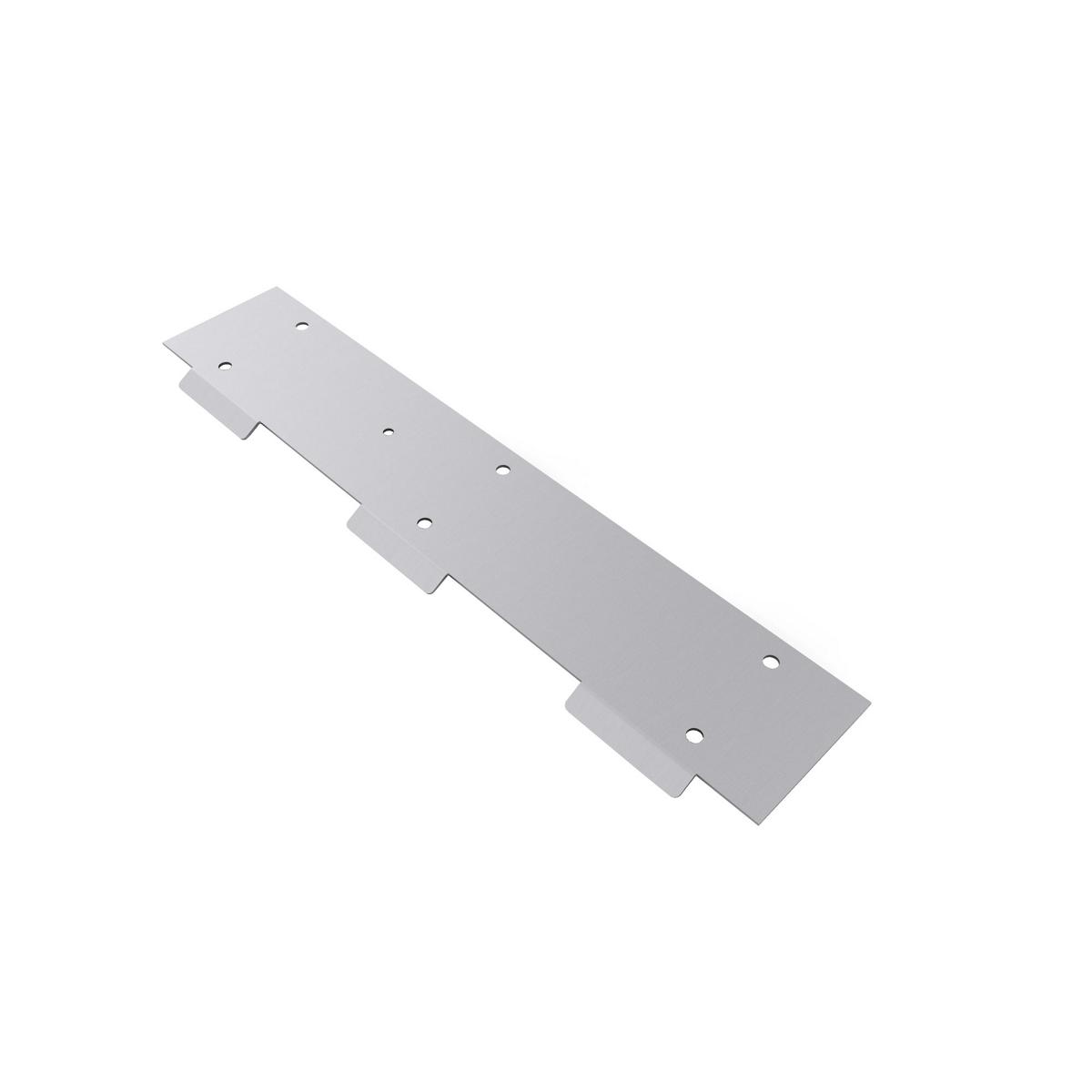 Silver metal bracket with multiple mounting holes and notched sides for hanging installation.