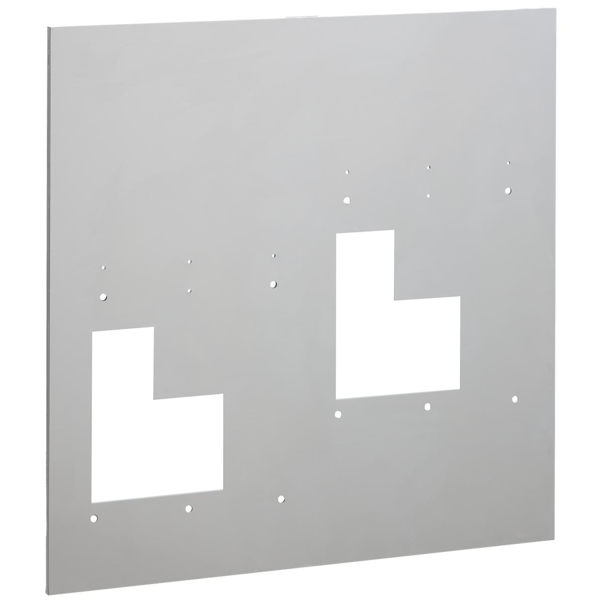 Gray wall plate with two white rectangular cutouts at different heights and mounting holes around edges.
