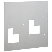 Gray wall plate with two white rectangular cutouts at different heights and mounting holes around edges.
