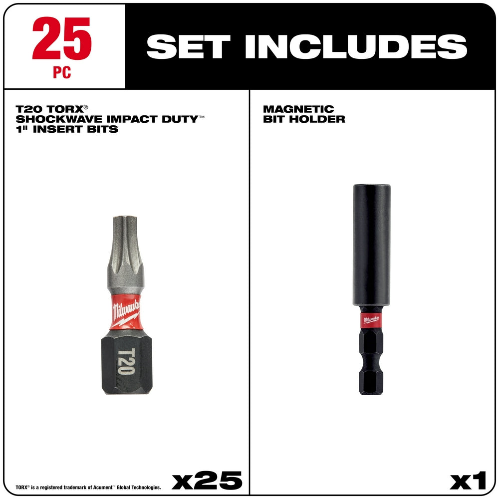 T20 Torx insert bits with black hex shanks and a black magnetic bit holder displayed against white background.