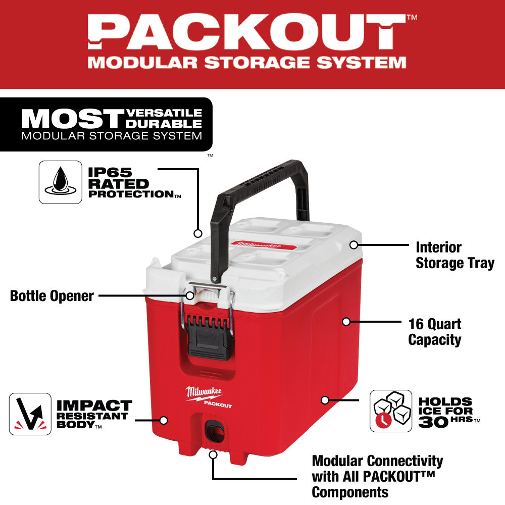 Red and white PACKOUT compact cooler with black handle, interior storage tray, bottle opener, and ice retention capability.