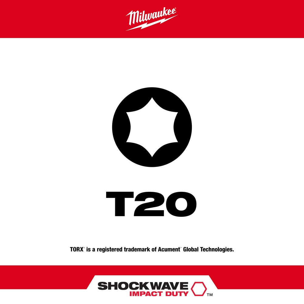 T20 Torx impact driver bit with six-point star socket head on white background.
