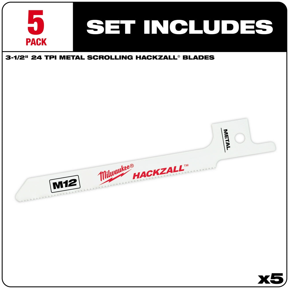 Five 3-1/2" bi-metal reciprocating saw blades with 24 TPI teeth for metal scrolling, M12 compatible.