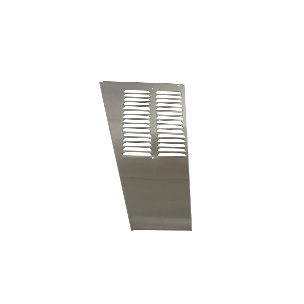 Stainless steel panel with dual louvered vents in upper section and solid base, angled right-facing design.