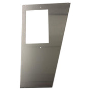 Stainless steel trapezoidal rear panel with rectangular cutout and mounting holes.