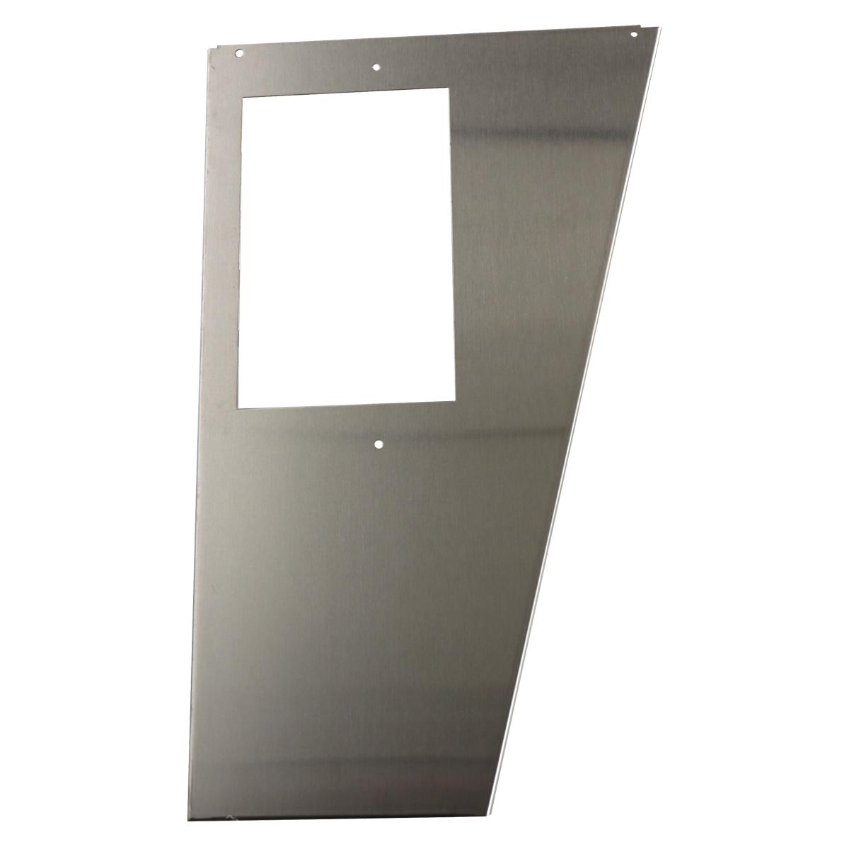 Stainless steel trapezoidal rear panel with rectangular cutout and mounting holes.