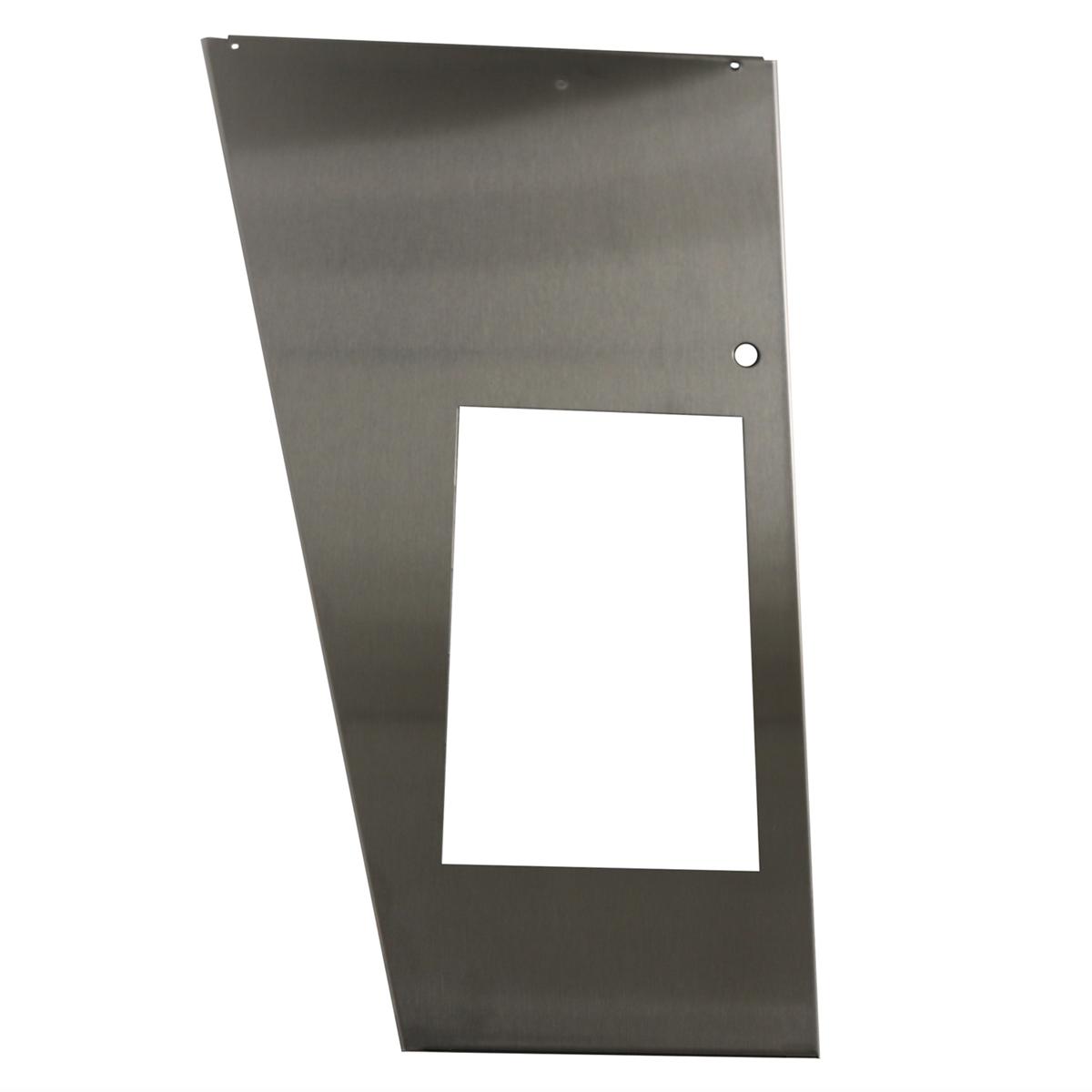 Stainless steel angled panel with rectangular cutout and mounting holes.