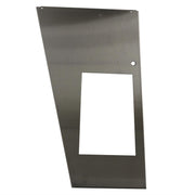 Stainless steel angled panel with rectangular cutout and mounting holes.
