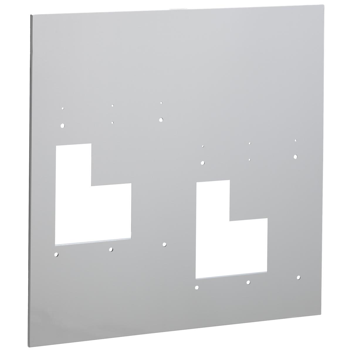 Gray wall plate with two white rectangular cutouts at different heights and mounting holes.