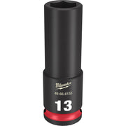 Black Milwaukee Shockwave 13mm deep socket with 3/8" drive and hexagonal opening, red grip band at base.