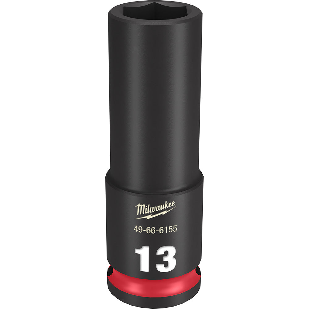 Black Milwaukee Shockwave 13mm deep socket with 3/8" drive and hexagonal opening, red grip band at base.