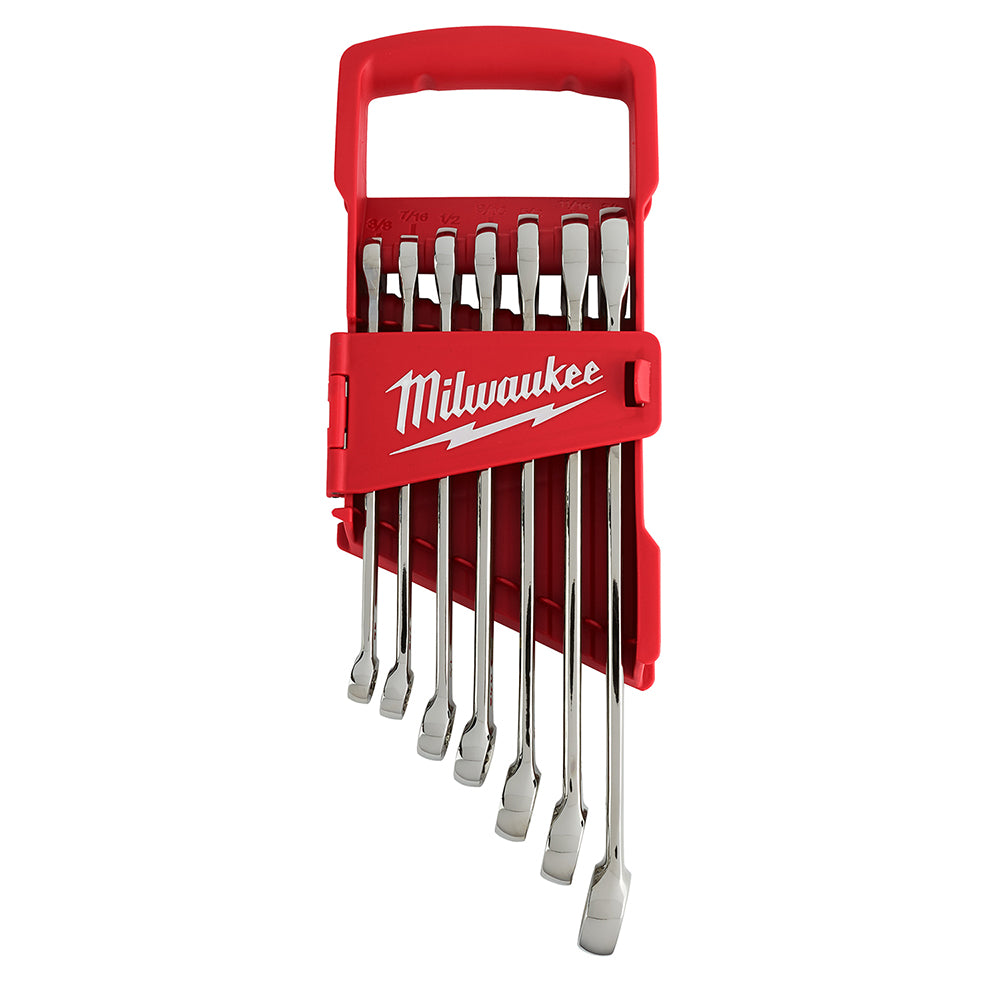 Seven chrome combination wrenches with closed and open ends, organized in red Milwaukee storage case with handle.