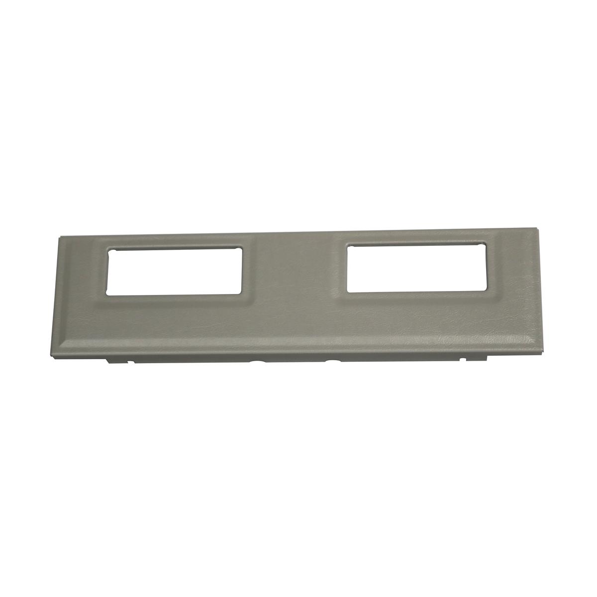 Gray front dispenser panel with two rectangular openings for water fountain controls.