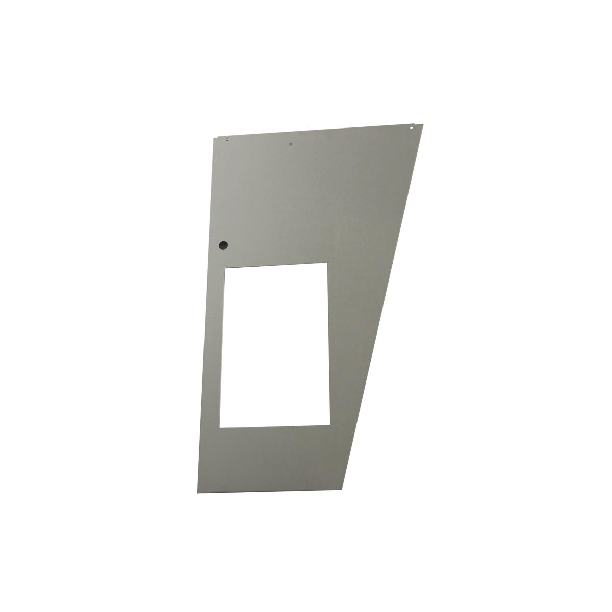 Gray trapezoidal metal panel with rectangular cutout and mounting holes.