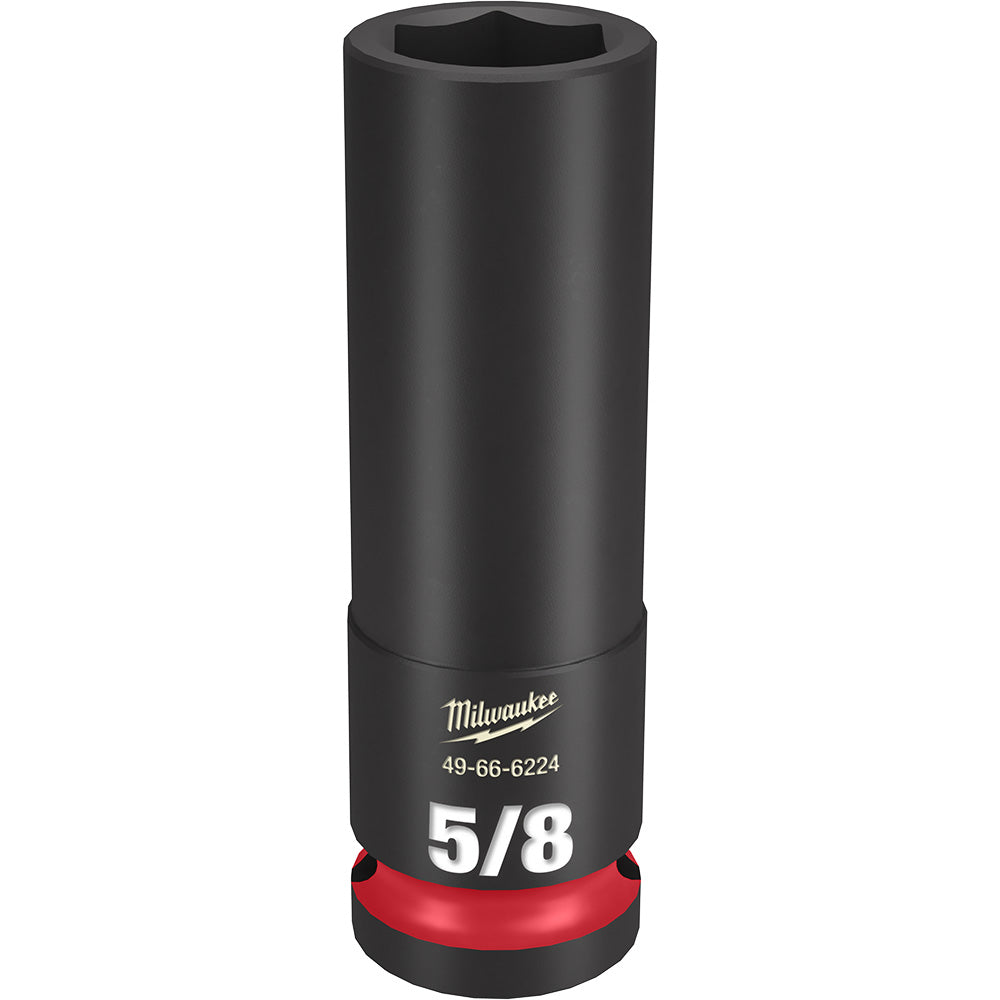 Black cylindrical 1/2" drive deep socket with 6-point opening, red grip band at base, Milwaukee branding and 5/8" size markin