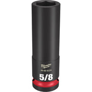 Black cylindrical 1/2" drive deep socket with 6-point opening, red grip band at base, Milwaukee branding and 5/8" size markin