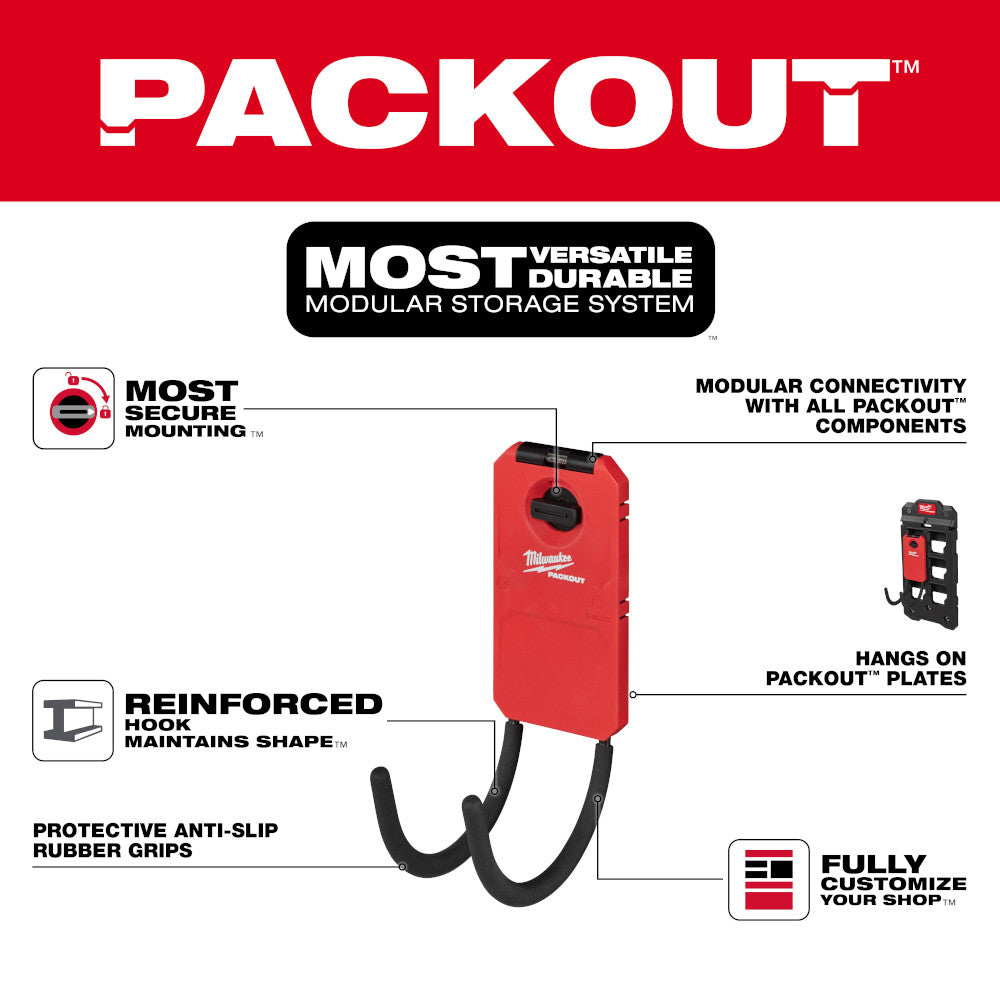 Black curved hook with rubber grips mounted on red PACKOUT plate with mounting bracket.