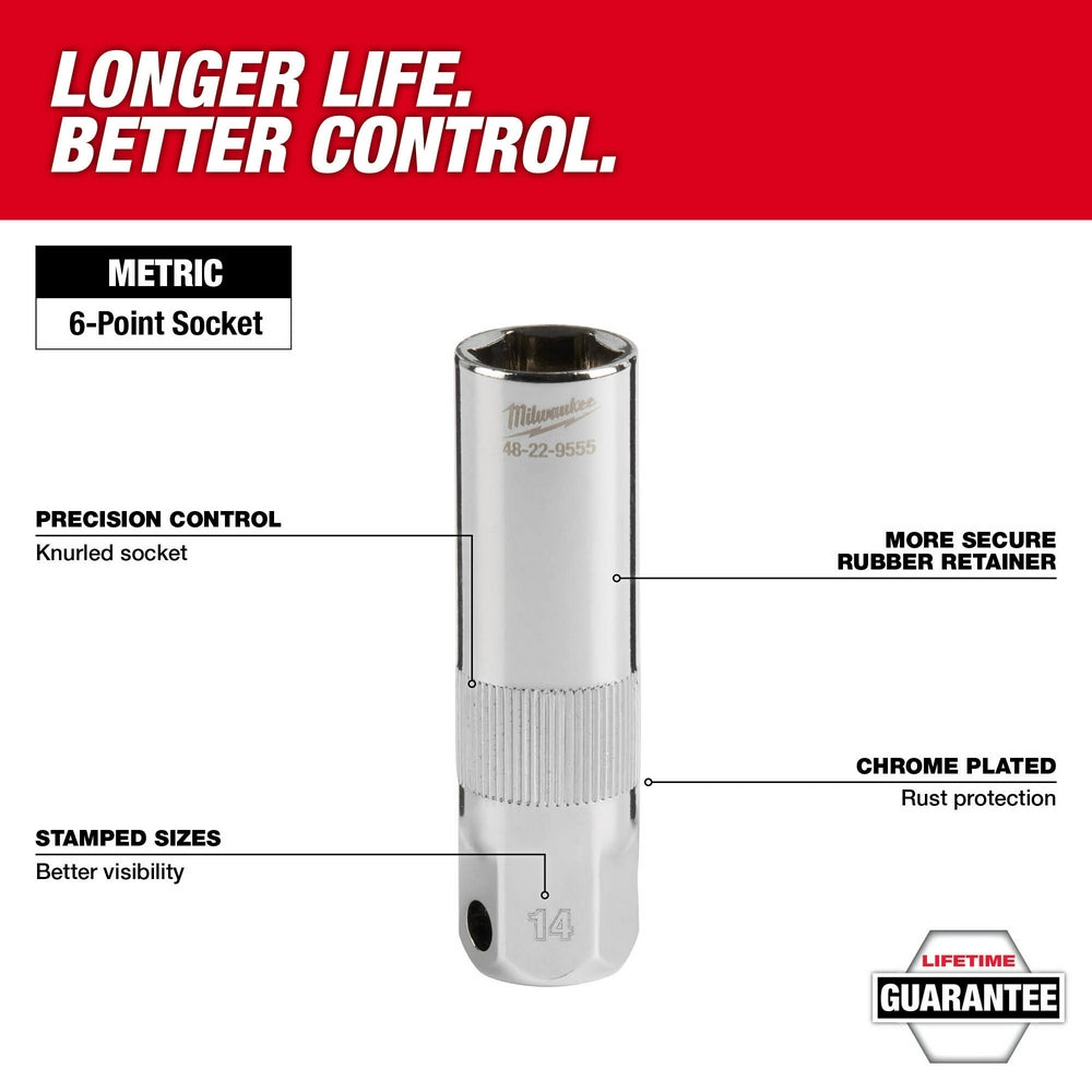 Chrome-plated 3/8" drive spark plug socket with 6-point knurled design and rubber retainer, 14MM size stamped on barrel.