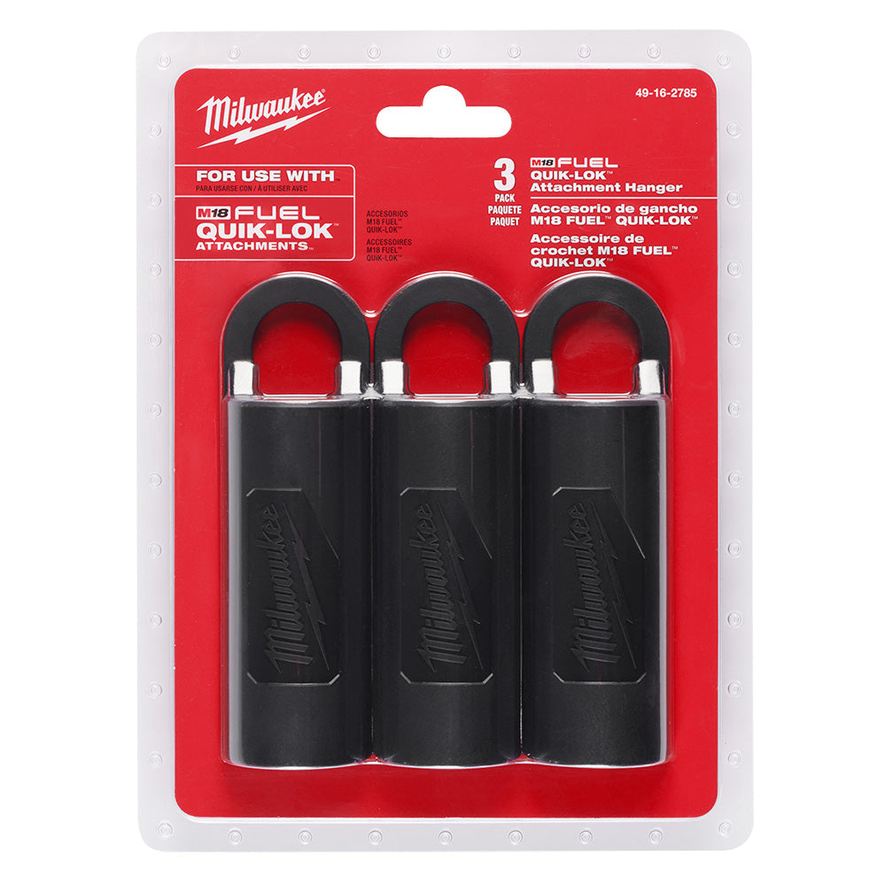 Three black Milwaukee M18 FUEL QUIK-LOK attachment hangers with metal loops on red packaging.