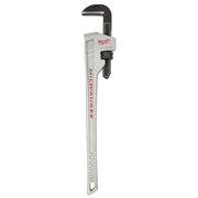Milwaukee aluminum pipe wrench with black hook jaw and handle grip against white background.