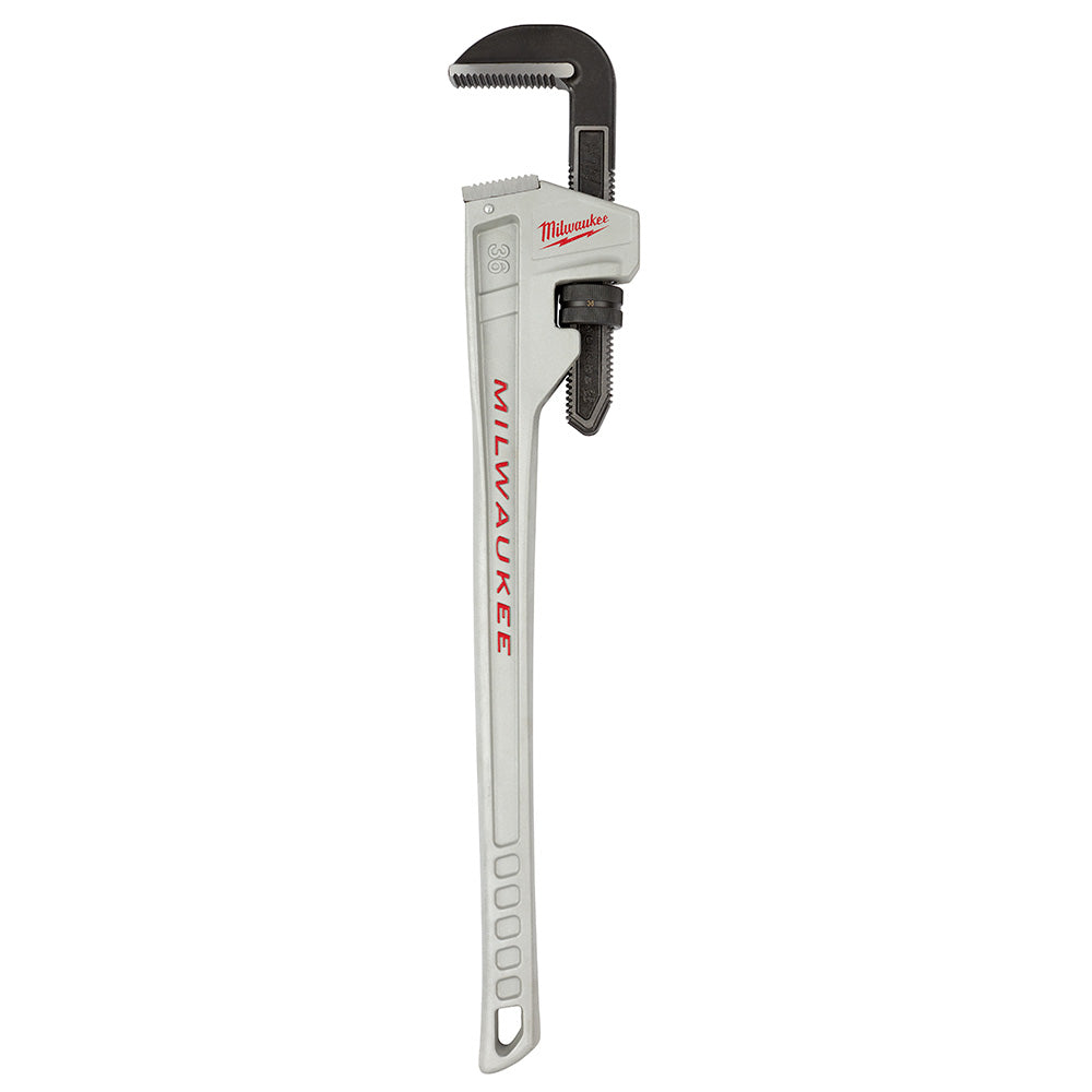 Milwaukee aluminum pipe wrench with black hook jaw and handle grip against white background.