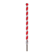 Red and gray spiral carbide hammer drill bit with hexagonal tip and size marking on shaft.