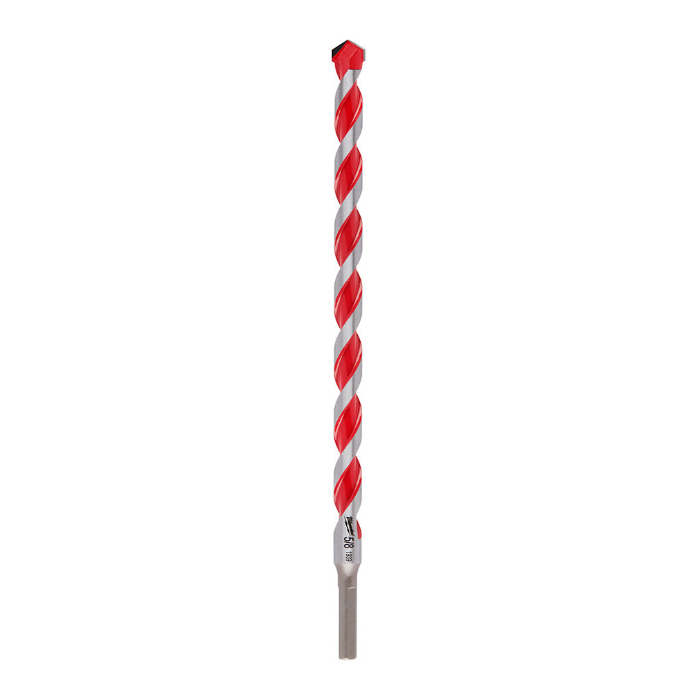 Red and gray spiral carbide hammer drill bit with hexagonal tip and size marking on shaft.