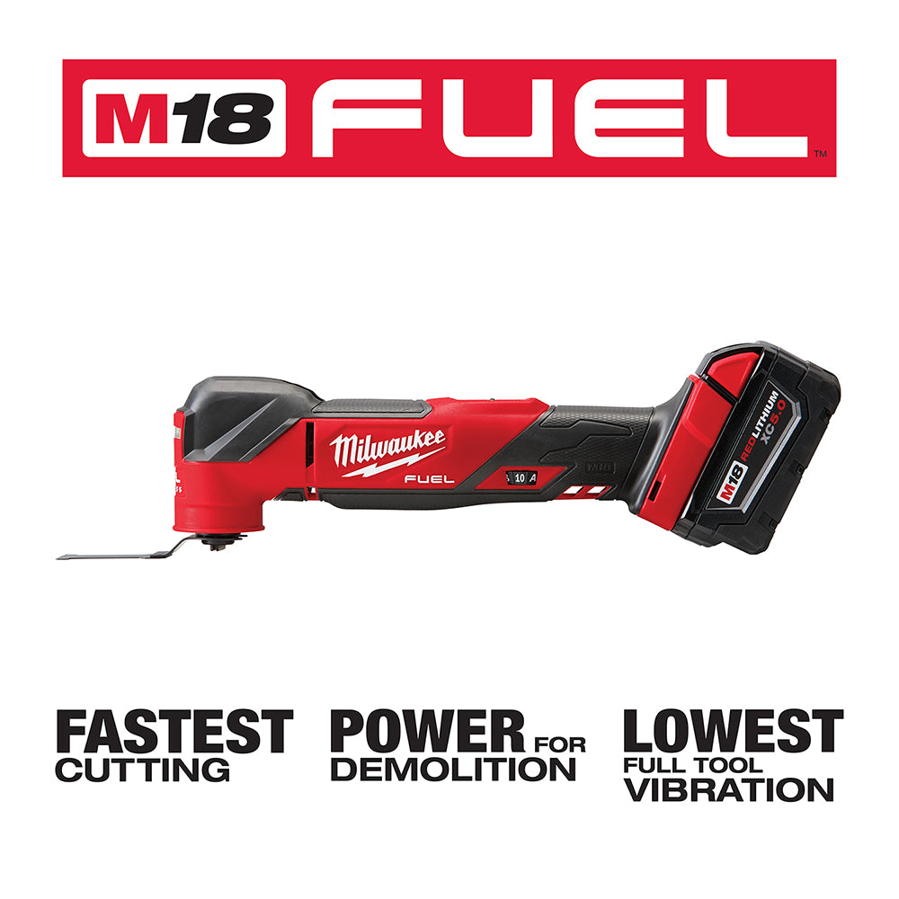 Milwaukee M18 FUEL oscillating multi-tool with red and black body, battery attached to right side.