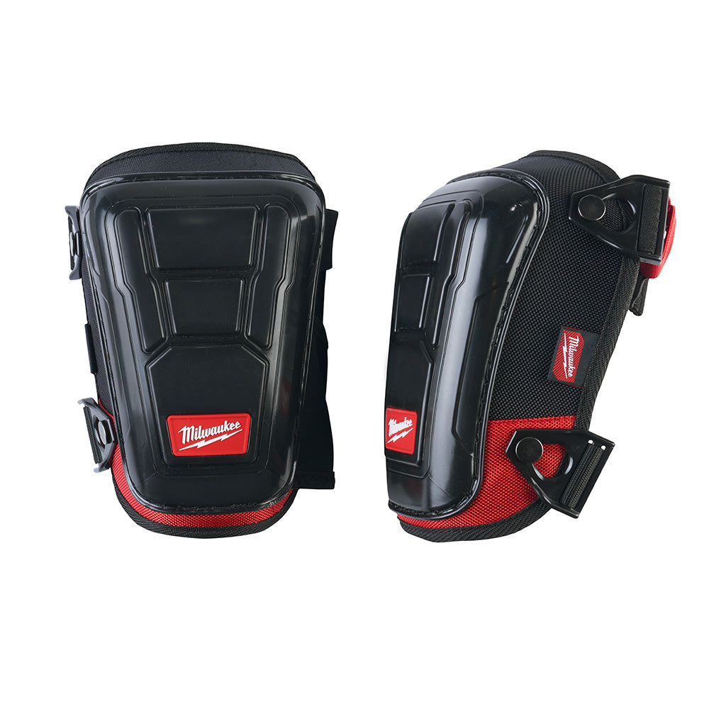 Black and red knee pad with hard plastic shell, red mesh panels, and adjustable straps with Milwaukee branding shown front an