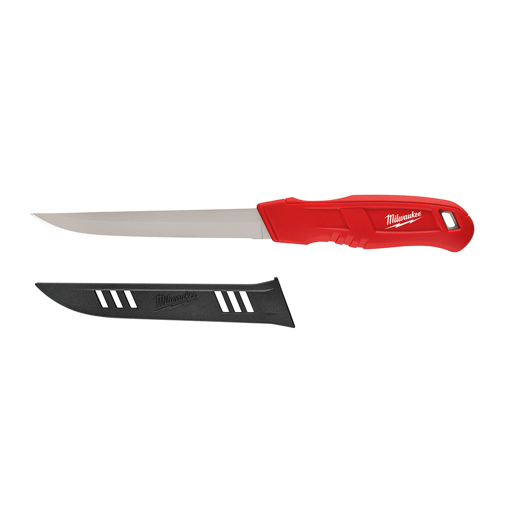 Milwaukee insulation knife with red handle, straight metal blade, and detachable black sheath with white stripes.