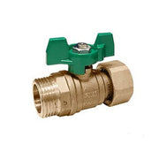 Brass isolation valve with green butterfly handle and 1" male and female union connections.