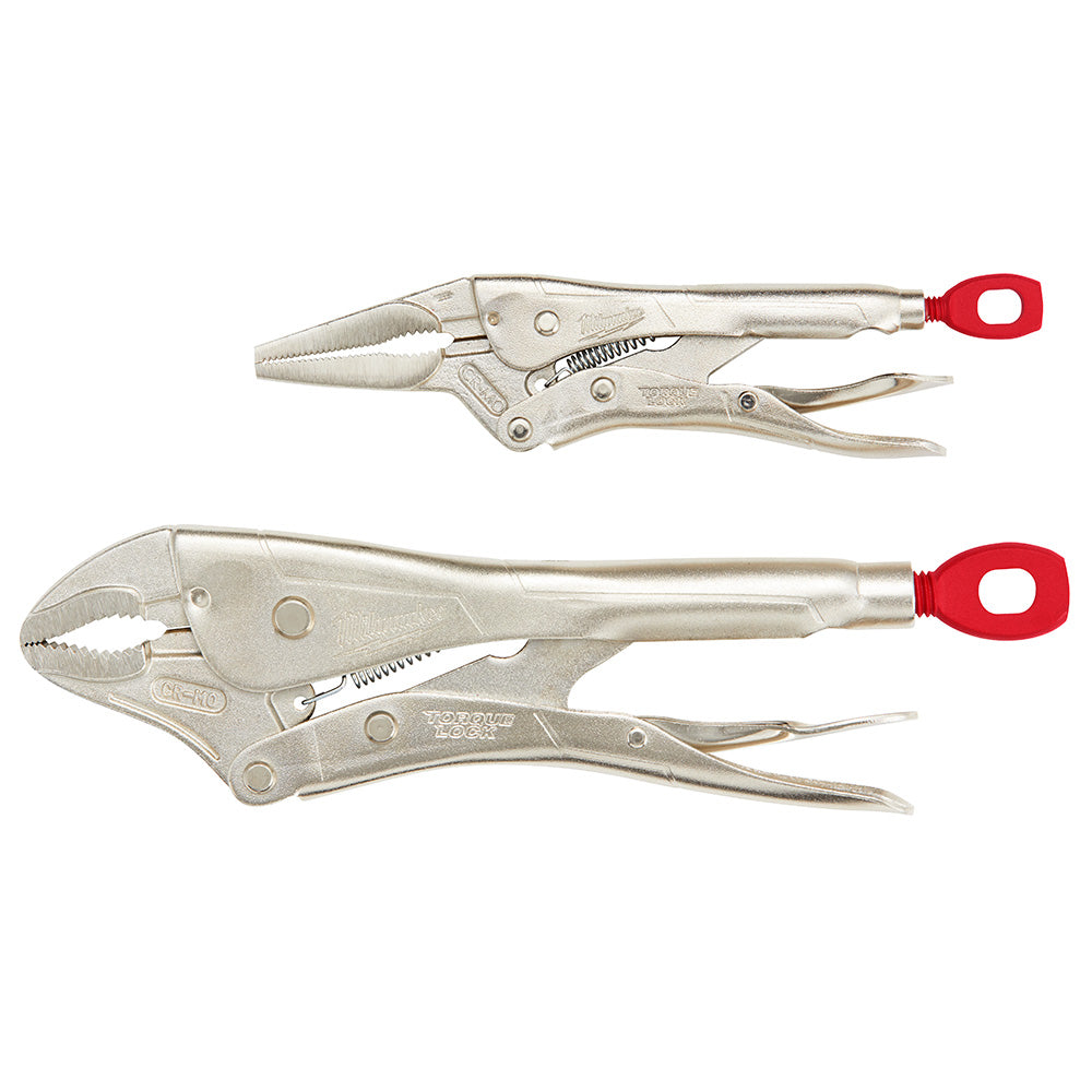 Two Milwaukee locking pliers with red handles: curved jaw pliers on top and long nose pliers below.