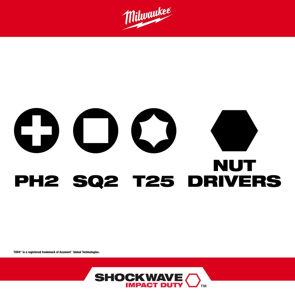 Four impact driver bit types shown: PH2 Phillips, SQ2 square, T25 Torx, and hexagonal nut drivers.
